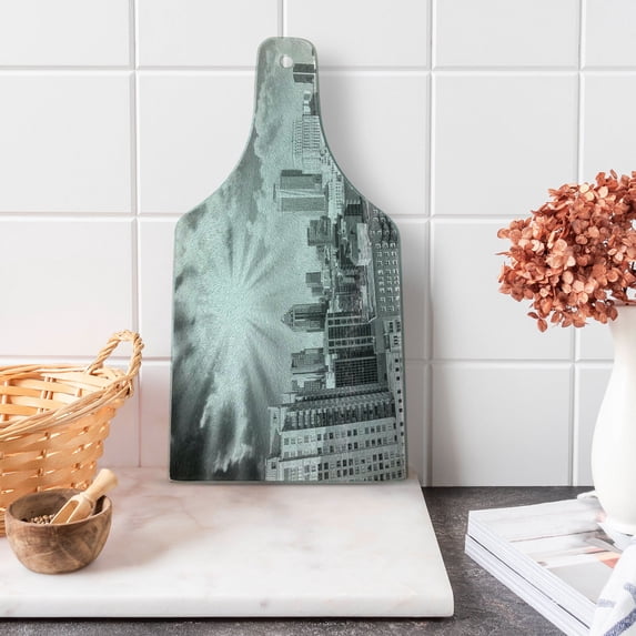 Black and White Cutting Board, Aerial View Montreal Canada Cityscape with Skyscrapers Architecture, Tempered Glass Cutting and Serving Board, Wine Bottle Shape, Black White Grey, by Ambesonne