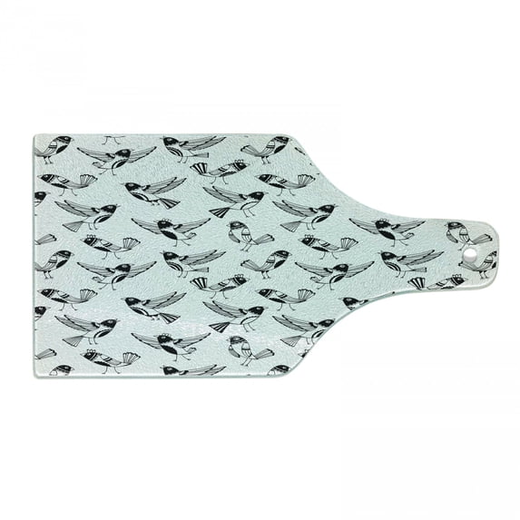 Black and White Cutting Board, Doodle Style Sketch Cartoon Birds with Funny Curious Expressions, Decorative Tempered Glass Cutting and Serving Board, Wine Bottle Shape, Black White, by Ambesonne