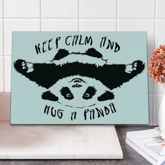 Black and White Cutting Board, Funny Animal Mascot Keep Calm and Hug a Panda Words Art, Decorative Tempered Glass Cutting and Serving Board, Large Size, Black White, by Ambesonne