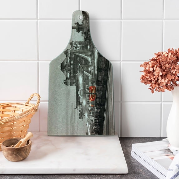 Black and White Cutting Board, London Theme Tower Bridge in the Famous City Urban Life Scenery Europe, Tempered Glass Cutting and Serving Board, Wine Bottle Shape, Taupe Grey Red, by Ambesonne