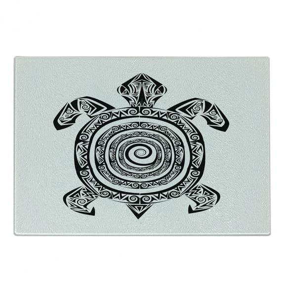 Black and White Cutting Board, Monochrome Turtle with Spiral and Stripes on Bullseye Pattern Shell, Decorative Tempered Glass Cutting and Serving Board, Small Size, Black and White, by Ambesonne