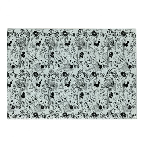 Black and White Cutting Board, Punk Teenage Pattern Cassette Keyboard Ghost Heart and Boombox Doodle, Decorative Tempered Glass Cutting and Serving Board, Small Size, Black White, by Ambesonne