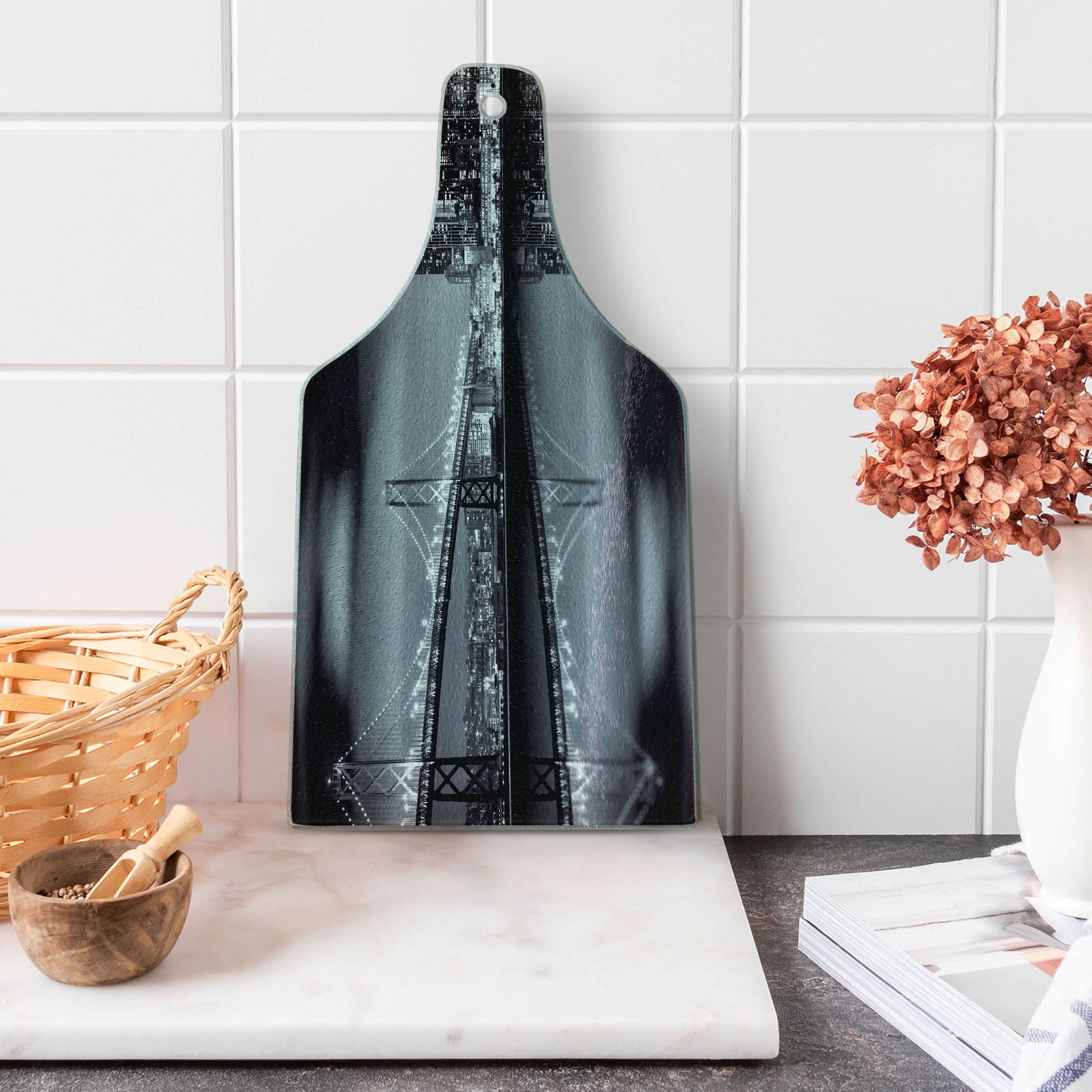 Black and White Glass Cutting Board with Cityscape Design