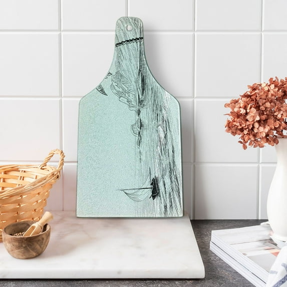 Black and White Cutting Board, Sea Coast Beach with Palm Tree Boat and Hills Exotic Holiday Vacation, Decorative Tempered Glass Cutting and Serving Board, Wine Bottle Shape, Black White, by Ambesonne