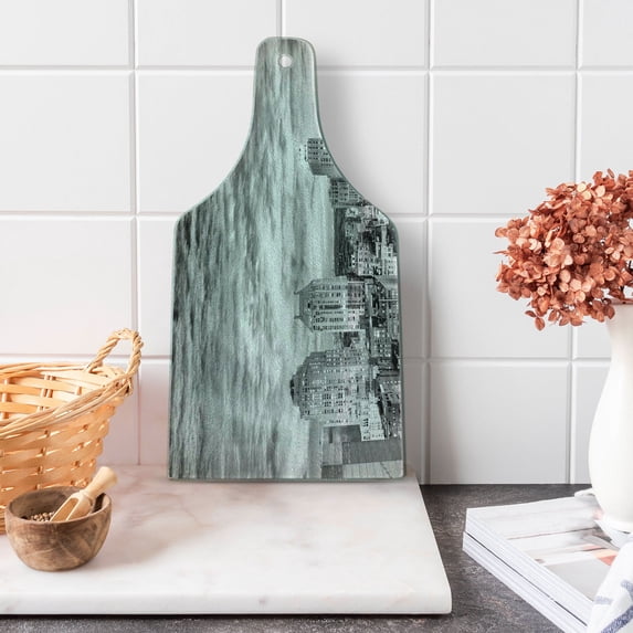 Black and White Cutting Board, Skyline Rooftop View of New York in Cloudy Day Panoramic Bust Cityscape, Tempered Glass Cutting and Serving Board, Wine Bottle Shape, Black White, by Ambesonne