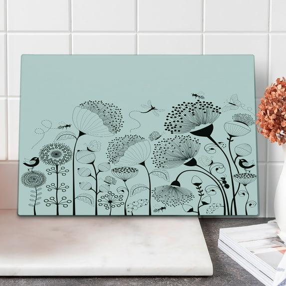 Black and White Cutting Board, Small Large Blooming Flowers with Butterflies and Bees Creatures Nature, Decorative Tempered Glass Cutting and Serving Board, Large Size, Black White, by Ambesonne