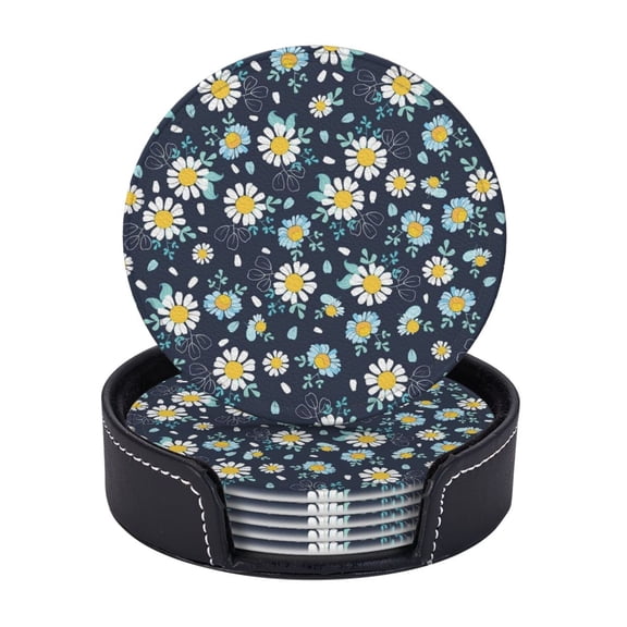 Black White Daisies Ditsy Coasters With Leather Holder Set Of 6 Round Coasters for Home and Kitchen Decor