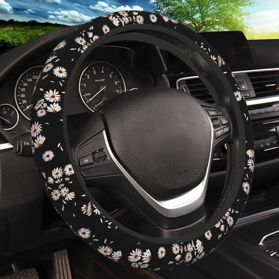 Black and White Daisies Elastic Steering Wheel Cover, Non-Slip Breathable Neoprene Steering Wheel Covers, Women Pink Car Accessories, Universal 15 Inch Fit Auto, Suvs, Truck