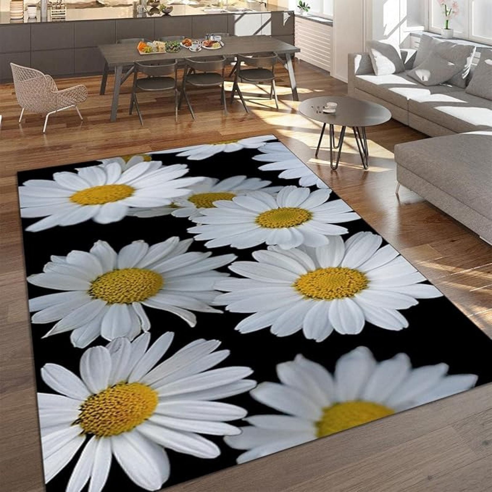 Small Daisy Rug Black And White Daisy Area Rugs, Spring Fresh Plant Flowers Indoor Non ...