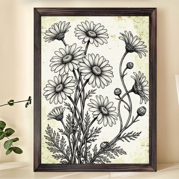 Black White Daisy Ladybug Framed Wall Art, Solid Wood Frame Vintage Botanical Line Drawing Print, Rustic Farmhouse Floral Wall Decor for Kitchen Bedroom, 12x16in