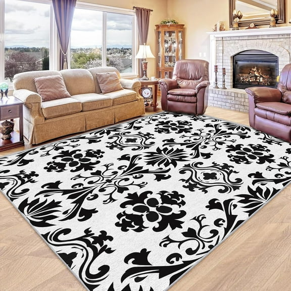Black And White Damask Rug, Washable Vintage Gothic Rugs For Living Room Bedroom, Antique Victorian Baroque Area Rug For Home Decor, Non Slip Backing Floor Carpet 2x3ft
