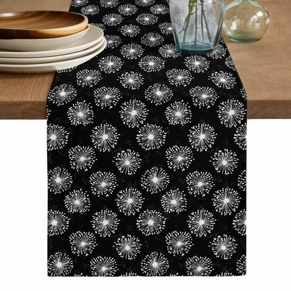 Black White Dandelion Table Runner, Farmhouse Botanical Blossom Washable Cotton Linen Table Runners 36 Inches Long, Dresser Scarf Runner for Nightstand/End Tables/Round Tables 13''x36''
