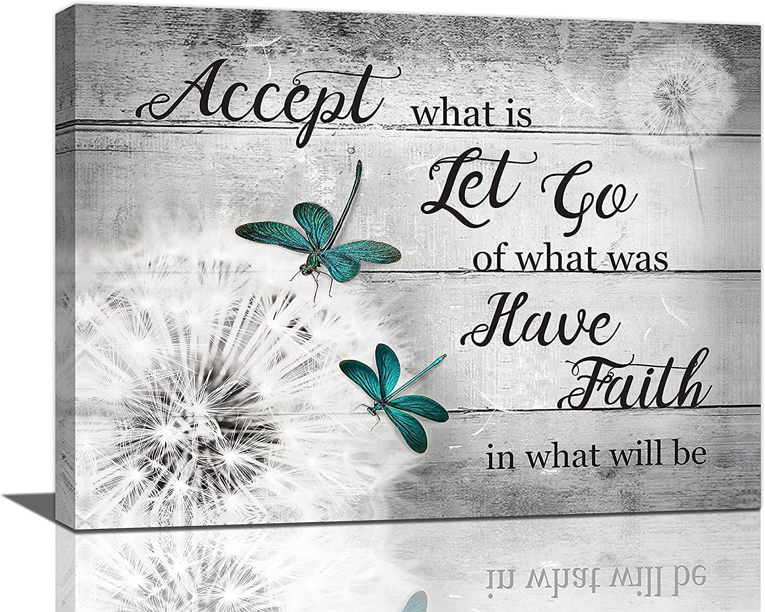 Lucksign Dandelion Teal Dragonfly Inspirational Quotes Wall Art 16" x 12" Framed Canvas Print