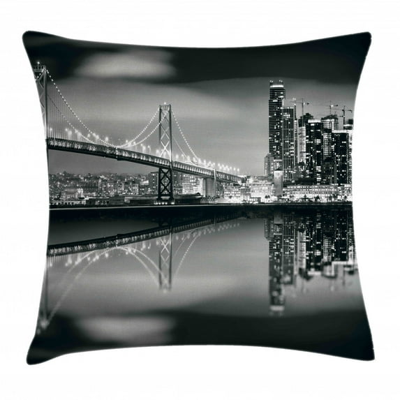 Black and White Decorations Throw Pillow Cushion Cover, San Francisco Bay Bridge Metropolis Panorama Skyscrapers, Decorative Square Accent Pillow Case, 18 X 18 Inches, Black Grey White, by Ambesonne