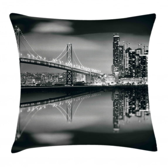 Black and White Decorations Throw Pillow Cushion Cover, San Francisco Bay Bridge Metropolis Panorama Skyscrapers, Decorative Square Accent Pillow Case, 20 X 20 Inches, Black Grey White, by Ambesonne