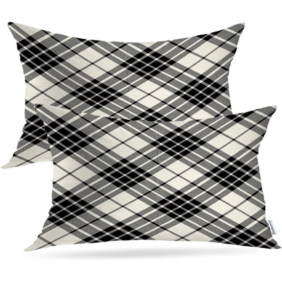 Black and White Decorative Pillow Covers, Black and White Plaid Diagonal Fabric Double Sided Throw Pillow Covers Sofa Cushion Cover Lumbar 12 x 20 Inches(Set of 2)