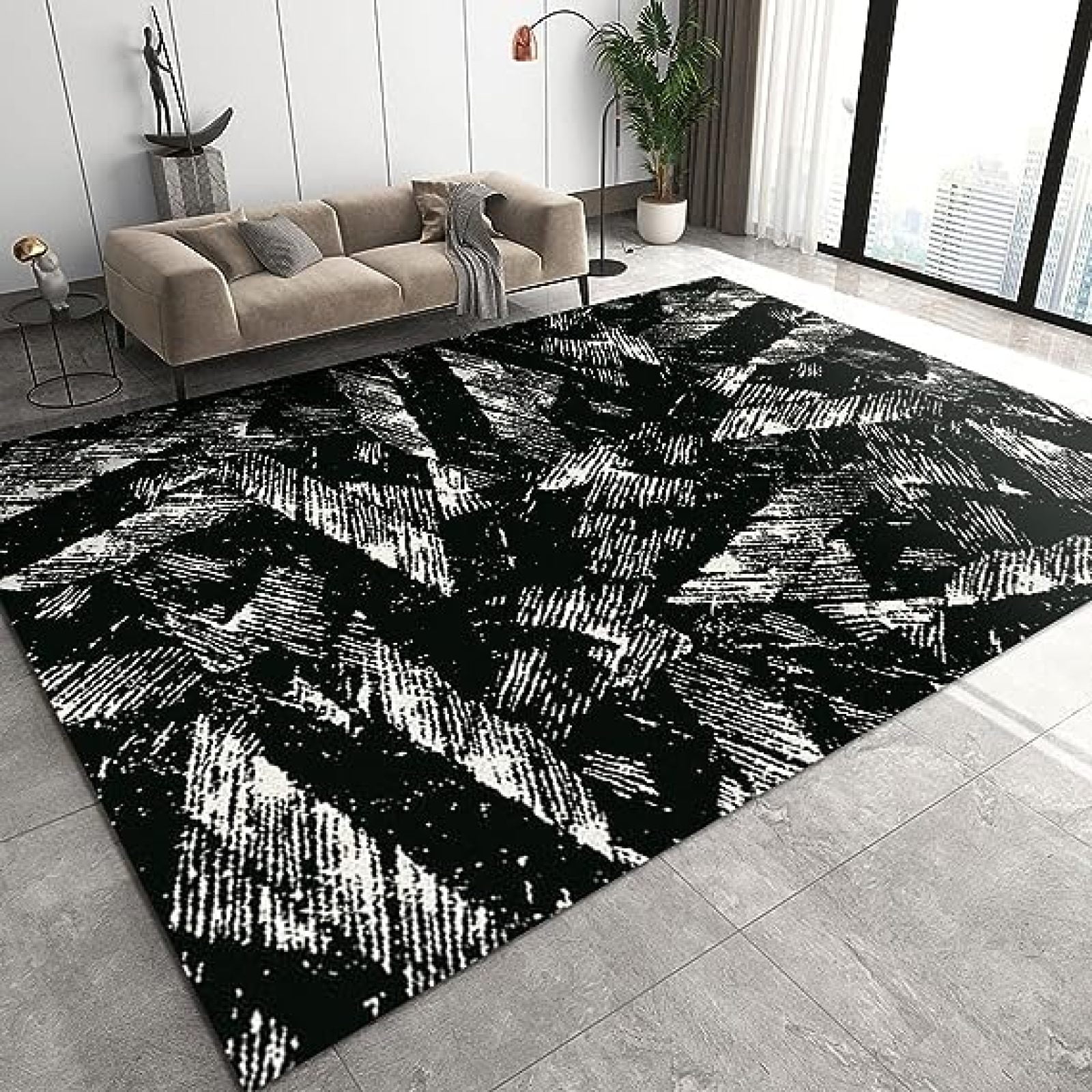 Black White Dense Lines Area Rug, Modern Abstract Art Noise Reduction