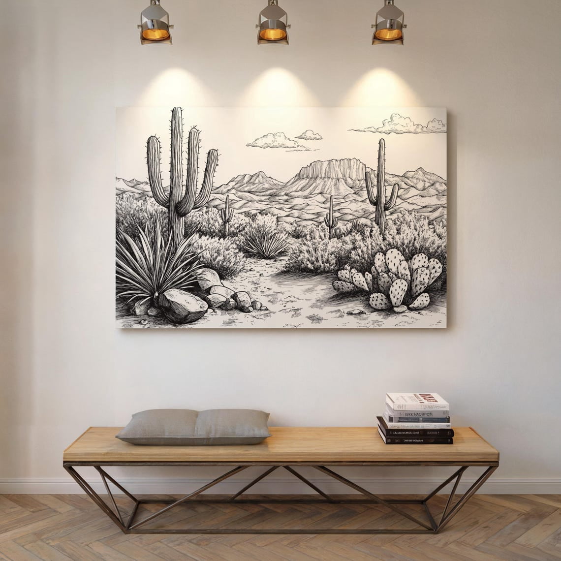 Black And White Desert, Cactus Landscape Print, Western Mountain ...