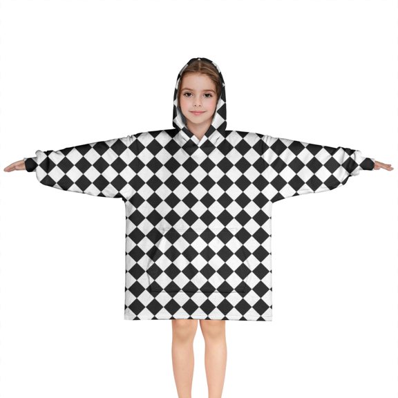 Black White Diamond Checkered Pattern Blanket Hoodies for Kids 6-13YR Oversize Wearable Blanket Hoodies for Boys Girls Teens