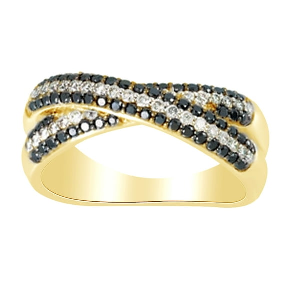 Black & White Diamond Crisscross Anniversary Band Ring 14K Solid Yellow Gold(0.62 Cttw)