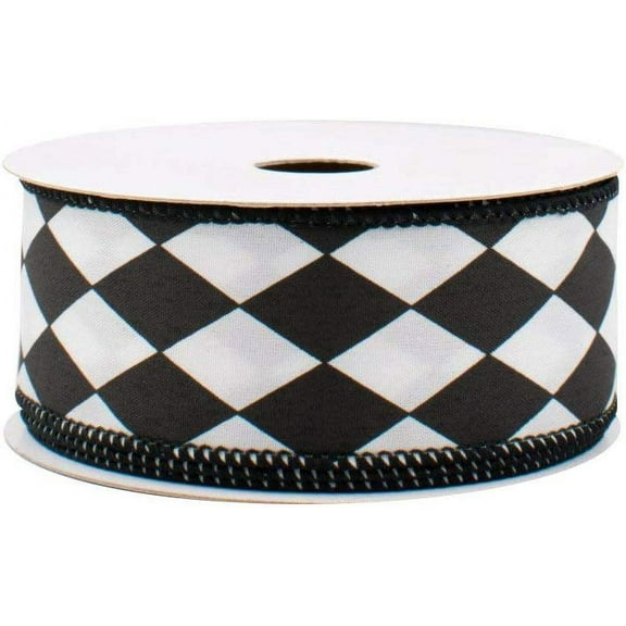 Black White Diamonds Harlequin Ribbon - 1 1/2" x 10 Yards, Argyle, Black Wire Edged, Christmas, Mardi Gras, Wedding, Wreath