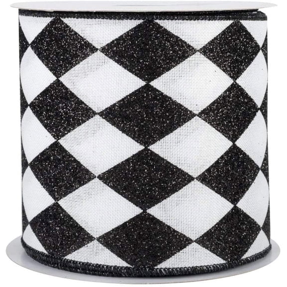 Black White Diamonds Harlequin Ribbon - 4" x 10 Yards, Argyle, Black Wire Edged, Valentine's Day, Mardi Gras Wedding, Gift Wrapping, Wreath Decoration, Garland, Tree Topper Bow, Halloween, Christmas
