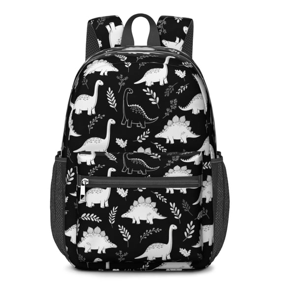 Black White Dinosaur Skeletons Bold 17" Waterproof Oxford School Backpacks for Teens, S-Shape Padded Straps, for School, Travel, Hiking, Camping