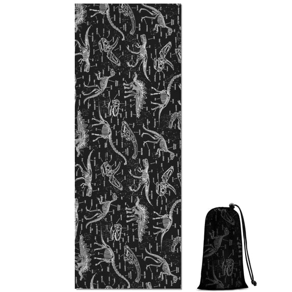 Black White Dinosaurs Skeletons Pattern Hot Yoga Mat Towel Non Slip for Hot Yoga - Quick-Drying Yoga Mat Cover with 4 Corner Pockets with Travel Bag - Hot Yoga Towel Non Slip 74"x26"