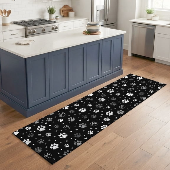 Black White Dog Paws 2'x6' Runner Rugs for Hallway Kitchen Bedside Non Slip Washable, Cute Puppy Paw Prints Entryway Rug Runners with Rubber Backing, Long Carpet Runner for Laundry Room