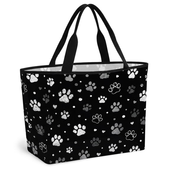Black White Dog Paws Beach Bag for Women, Large Breathable Mesh Beach Tote Bag, Cute Puppy Paw Prints Sandproof Lightweight Travel Bags for Vacation Picnic Swimming Pool 15.7"x15.7"x9.1"