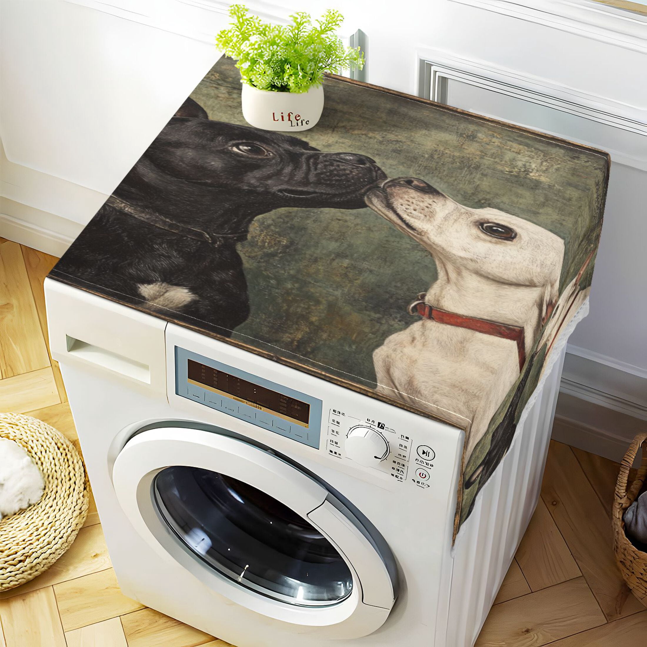 Black and White DogWasher and Dryer Covers Dust-Proof and Oil Resistant Fridge Cover with 4 Storage Pockets Washing Machine Top Cover for Laundry Kitchen Home 51.2 x 22 In