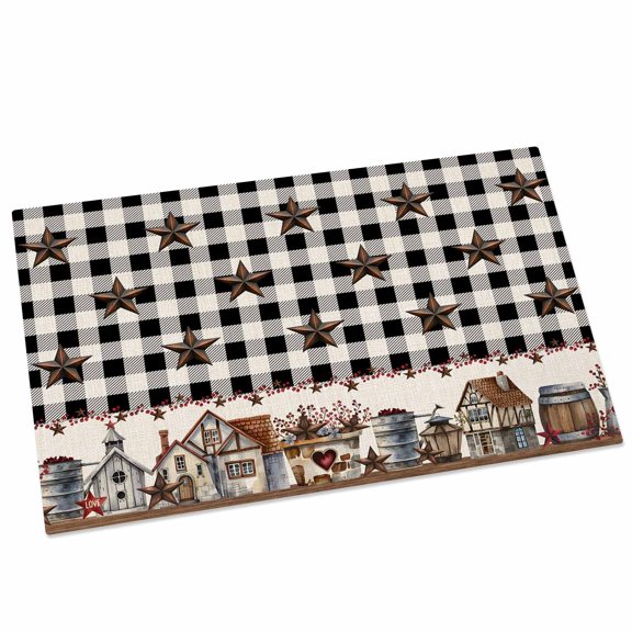 Black White Door Mat 16x24 Inch Buffalo Plaid Country Star Barn Barrel Farmhouse Entryway Rug with Non-Slip Rubber, Front Door Rug Indoor Floor Mats for Living Room Bathroom Bedroom Home Office