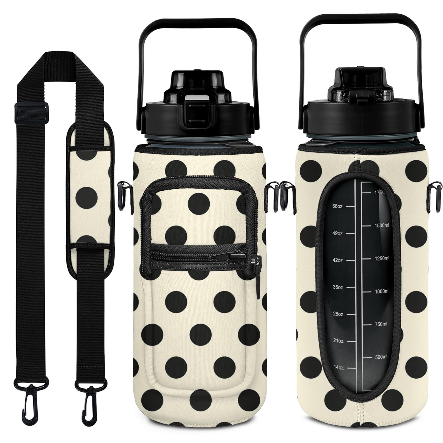 Black and White Dots 64 Oz Water Bottle with Measurements - BPA Free Leakproof Sport Large Plastic Water Bottle with Straw Strap & Insulated Neoprene Holder Carrier Bag Great Gift for Women Men