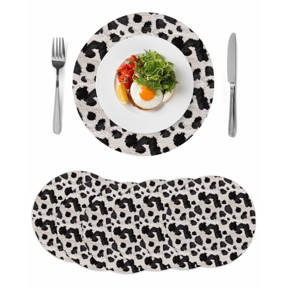 Black White Dots Round Placemats Set of 6 for Dinning Tables,Heat-proof Braided Table Mats 15 Inch,Farmhouse Cow Spots Fur Retro Textured Washable Place Mat for Kitchen Restaurant Party Table Decor