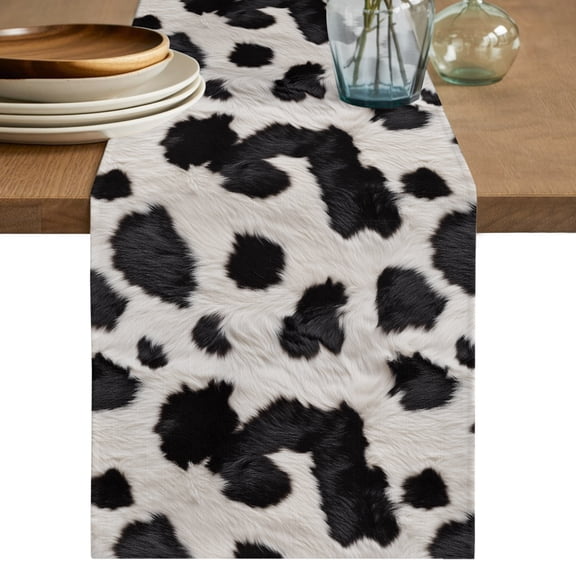 Black White Dots Short Table Runner 36 Inches Long,Farmhouse Cow Spots Fur Retro Textured Cotton Linen Table Runners Dresser Scarves,Tabletop Scarf Furniture Cover for Home Dinner Party 13"x36"