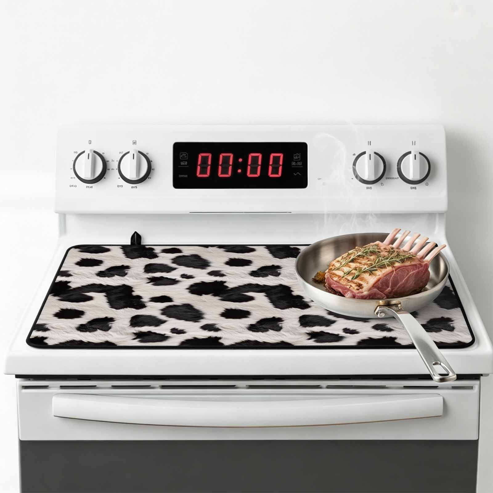 Black White Dots Stove Top Cover for Electric Stove, Heat-proof & Non Slip Glass Top Stove Cover Protector, Farmhouse Cow Spots Fur Retro Textured Kitchen Flat Cooktop Rubber Mat 24x21 Inches