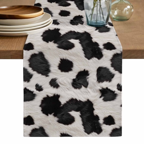 Black White Dots Table Runner, Farmhouse Cow Spots Fur Retro Textured Washable Cotton Linen Table Runners 36 Inches Long, Dresser Scarf Runner for Nightstand/End Tables/Round Tables 13''x36''