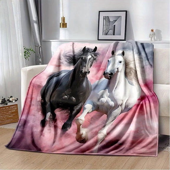 Black & White Double-Horse Cowboy Print Soft Throw Blanket All-Season Warm Cooling for Home Sofa Bed Christmas Halloween Decor Gift