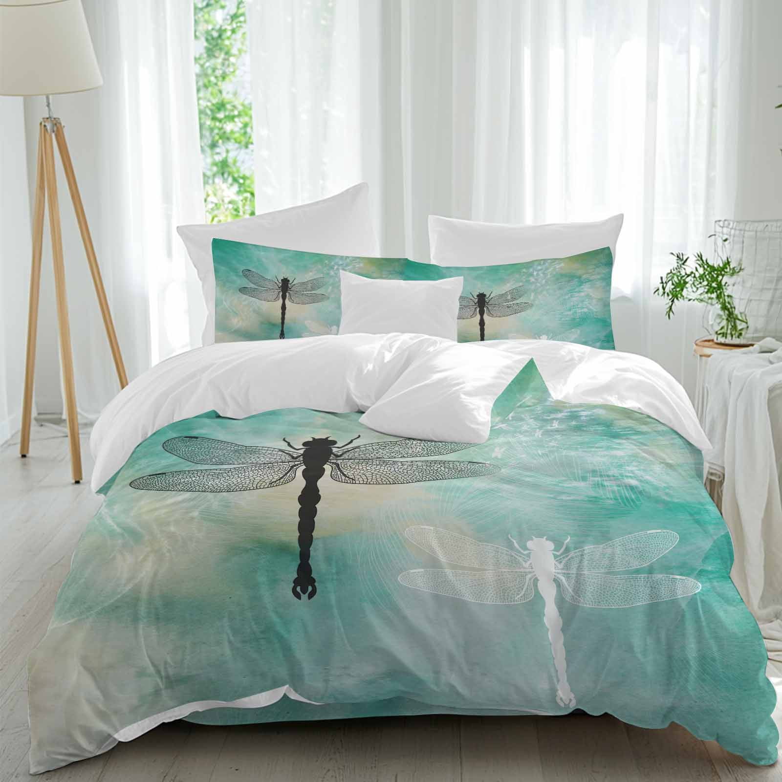 Black White Dragonfly Texture Queen Size Bed Set,Abstract Green Yellow ...