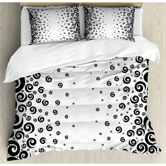 Black and White Duvet Cover Set, Abstract Design Art Style Graphic Ornamental Twirled Circular Pattern, Decorative 3 Piece Bedding Set with 2 Pillow Shams, King Size, Black and White, by Ambesonne