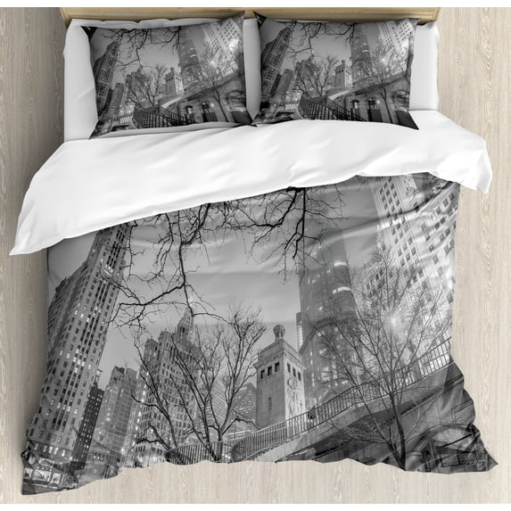 Black and White Duvet Cover Set, Chicago City Downtown Nighttime Highrise Buildings Tree Branches, Decorative 3 Piece Bedding Set with 2 Pillow Shams, King Size, Grey Black White, by Ambesonne