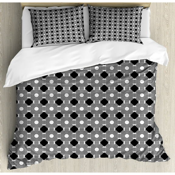 Black and White Duvet Cover Set, Contemporary Bohemian Mosaic of Geometric Octagon Shapes Art Deco, Decorative 3 Piece Bedding Set with 2 Pillow Shams, Queen Size, Charcoal Grey, by Ambesonne