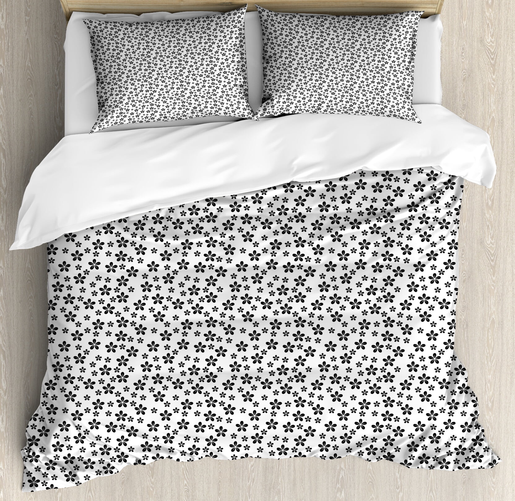 Black and White Duvet Cover Set, Daisy Flower Buds Pattern Summer Buds Revival Blossoms