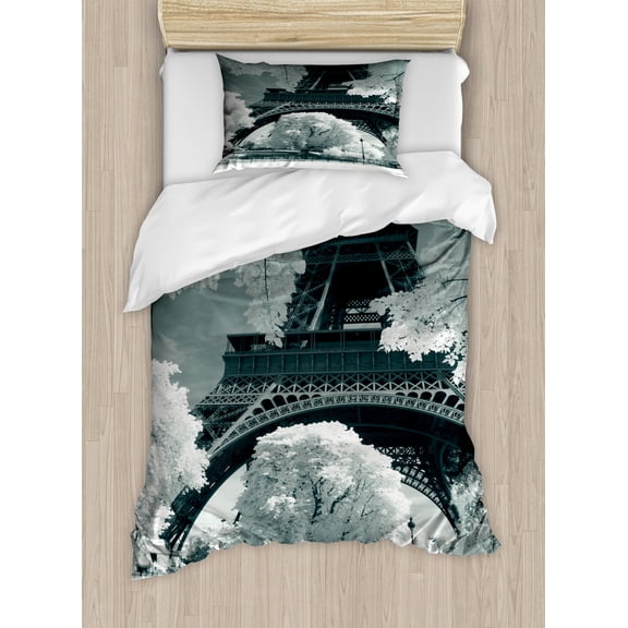 Black and White Duvet Cover Set, Eiffel Tower with Blossoming Trees Historical Paris Famous Landmark France, Decorative 2 Piece Bedding Set with 1 Pillow Shams, Twin Size, Blue Grey, by Ambesonne