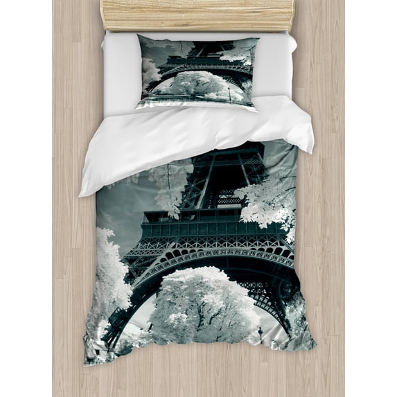 Black and White Duvet Cover Set, Eiffel Tower with Blossoming Trees Historical Paris Famous Landmark France, Decorative 2 Piece Bedding Set with 1 Pillow Shams, Twin Size, Blue Grey, by Ambesonne