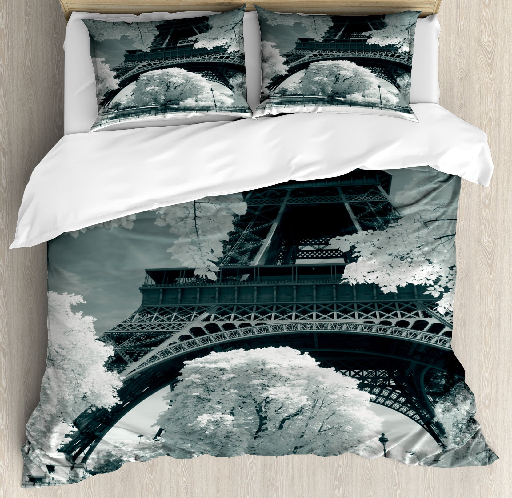Queen Black and White Eiffel Tower Duvet Cover Set