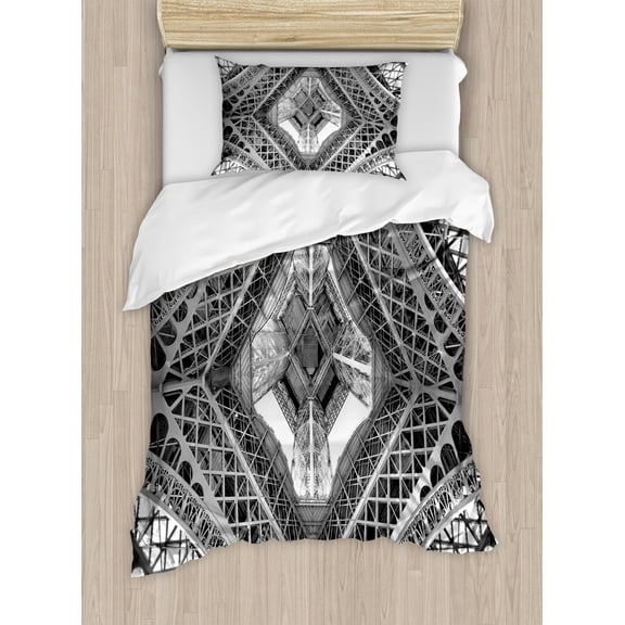 Black and White Duvet Cover Set, Eiffel Tower View from Below Paris City French Monument Image, Decorative 2 Piece Bedding Set with 1 Pillow Shams, Twin Size, Grey Black and White, by Ambesonne