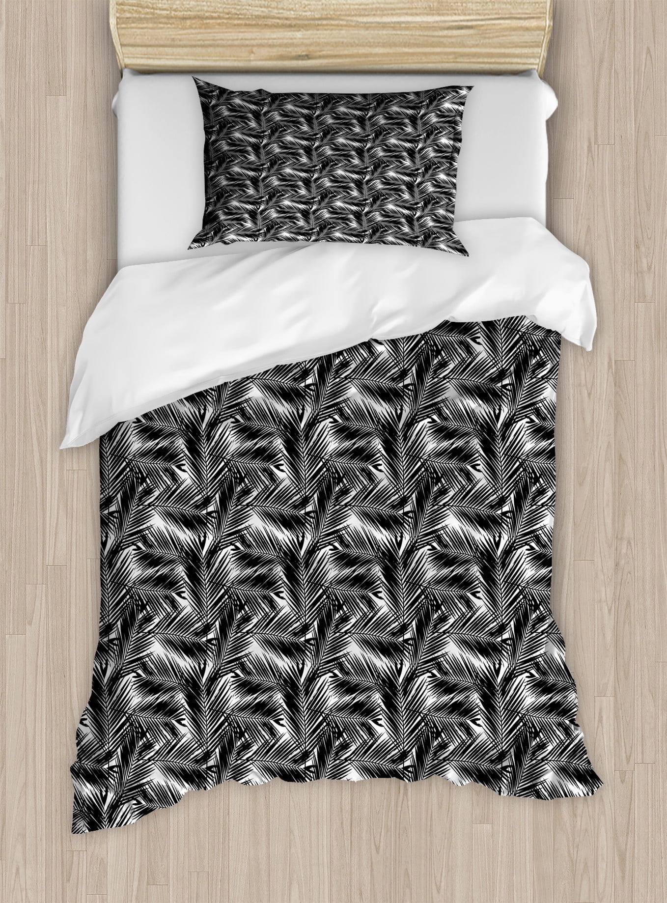 Black and White Duvet Cover Set, Island Fan Palm Tree Leaves Caribbean Plants Jungle Foliage