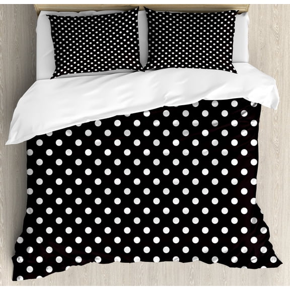 Black and White Duvet Cover Set King Size, Classical Pattern of White Polka Dots on Black Traditional Vintage Design, Decorative 3 Piece Bedding Set with 2 Pillow Shams, Onyx White, by Ambesonne