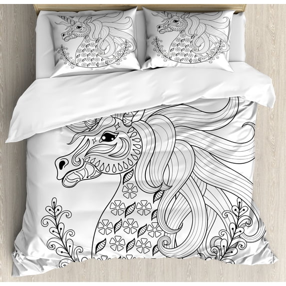 Black and White Duvet Cover Set King Size, Fantasy Animal Unicorn Profile with Floral Ornaments Monochrome Design, Decorative 3 Piece Bedding Set with 2 Pillow Shams, Black White, by Ambesonne
